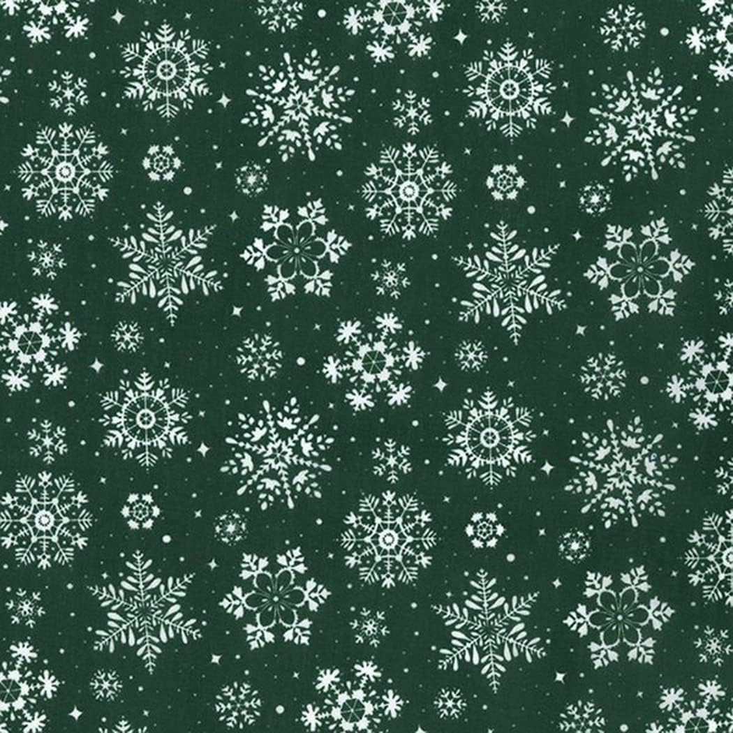 Christmas Fabric - White Snowflakes on Green - Polycotton Xmas Craft Fabric Material Metre