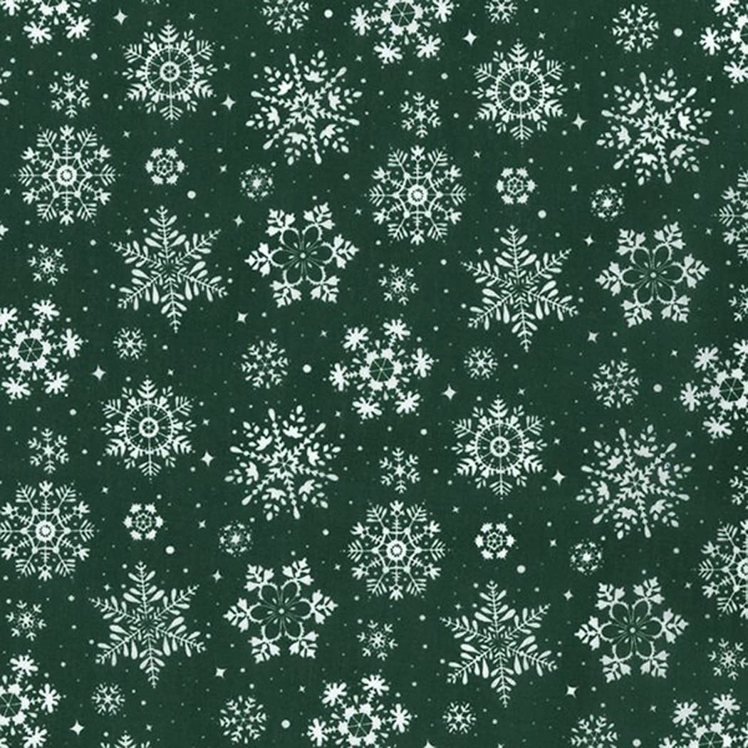 Christmas Fabric - White Snowflakes on Green - Polycotton Xmas Craft Fabric Material Metre
