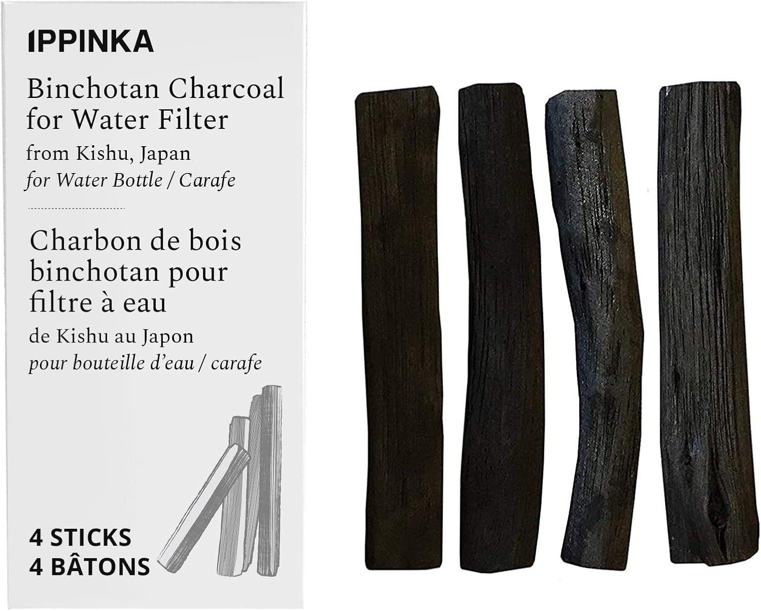 Binchotan Charcoal from Kishu, Japan - Water Purifying Sticks for Great-Tasting Water, 4 Sticks - Each Stick Filters Personal-Sized Water Bottle