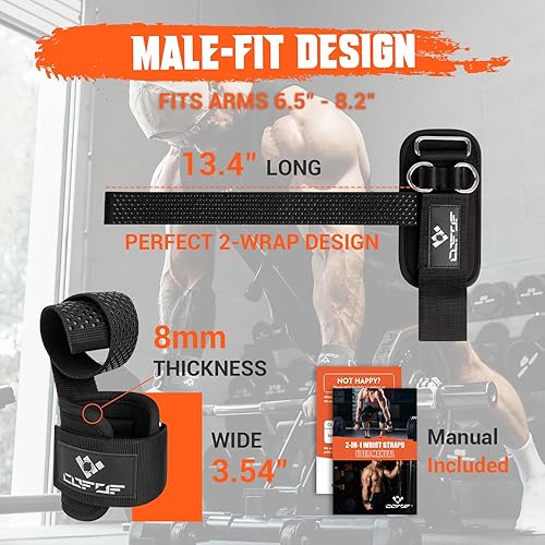 Miniatura 6 de Correas de levantamiento de pesas con anillos D, correas de muñeca de gimnasio 2 en 1 resistentes para hombres, correas de muñeca acolchadas de