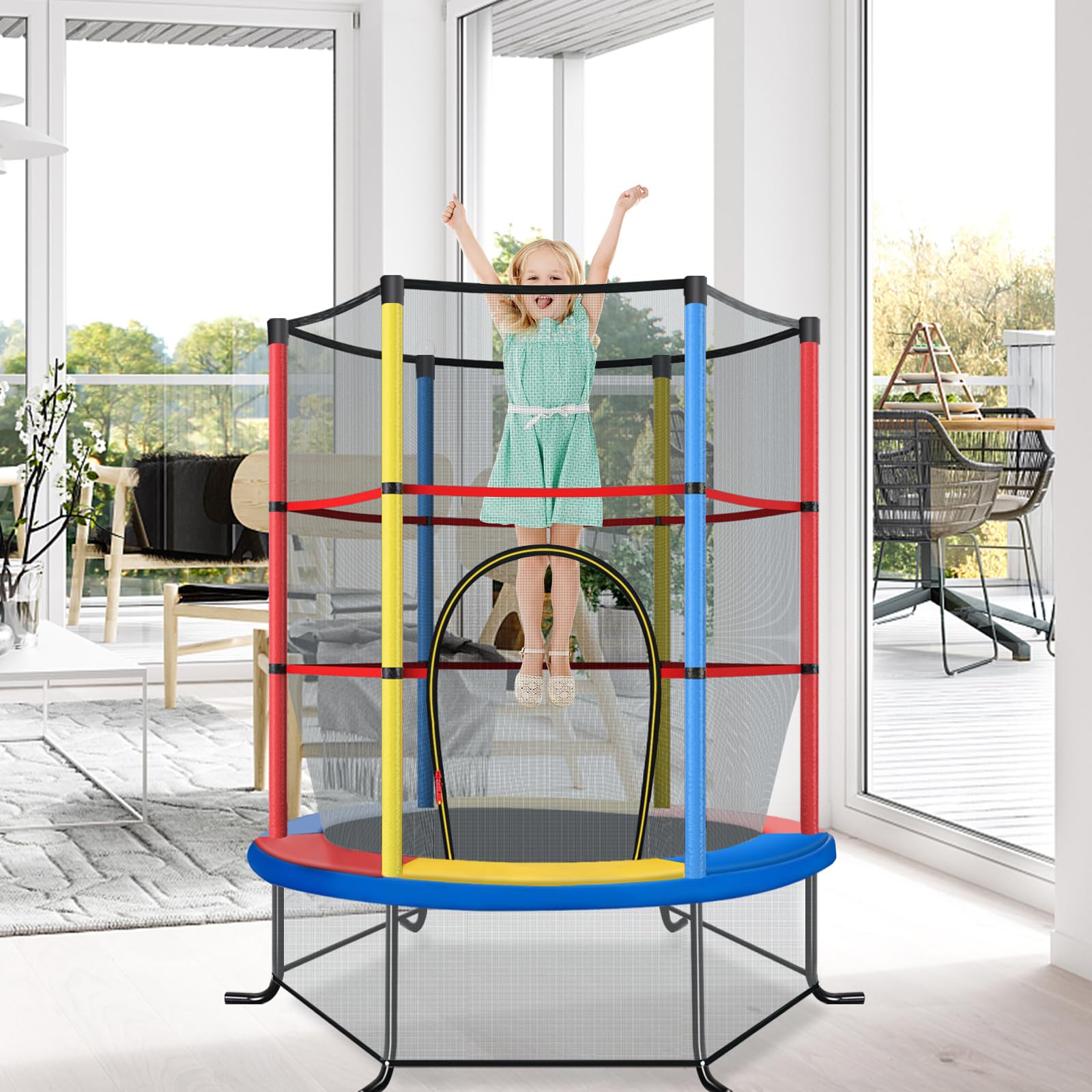 COSTWAY Trampolino Elastico Bambino in Acciaio, Tappeto Elastico Bambini da Esterno e da Interno, con Rete e Cusicnetti Antiscivolo