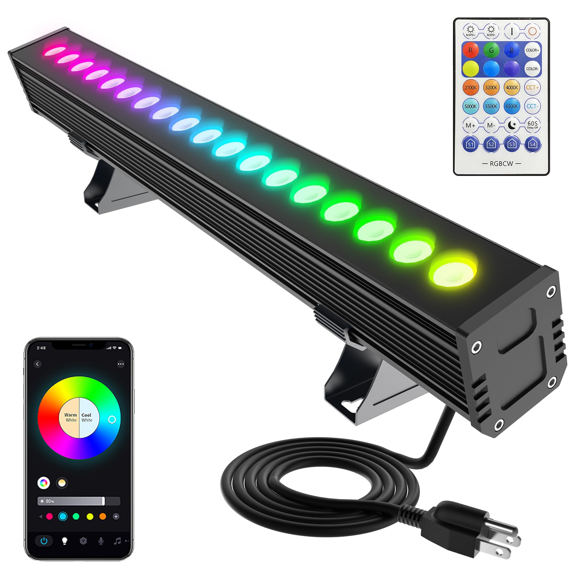 Smart Outdoor RGBCW LED Light Bar 20?, Color Changing Wall Washer with App & Remote Control, 2700K–6500K Tunable White Floodlight, IP65 RGB Stage/Porch Lights for House, Music Sync,