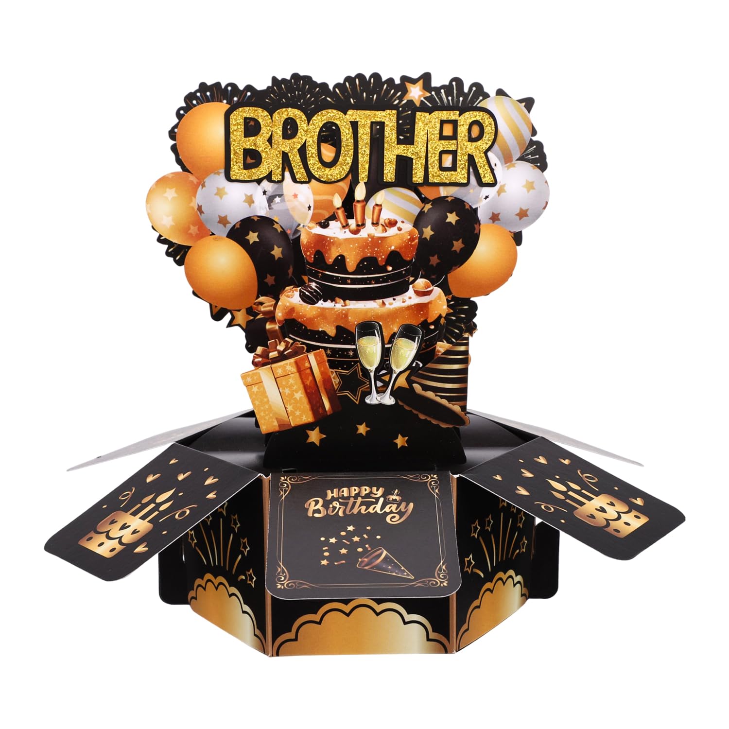 Happy Birthday Brother Pop Up Card, Funny Brother 3D Pop Up Birthday Card with Message Paper & Envelope Balloon Firework Cake Design for Best Male Friends Boys Men Gifts