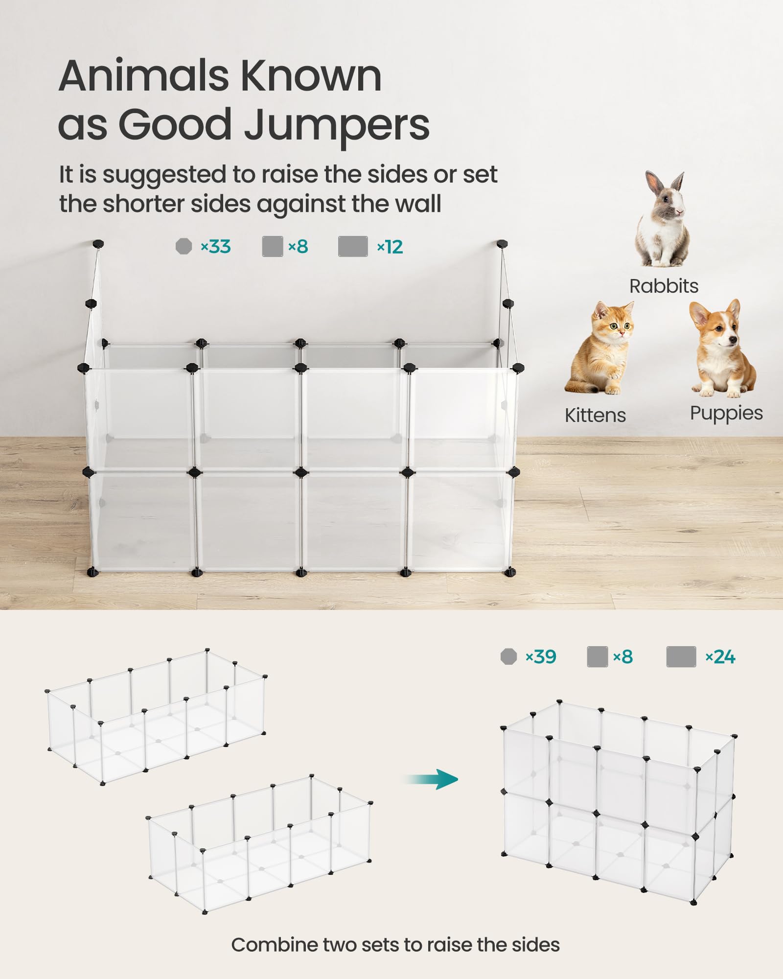 Songmics - Jaula de valla con parte inferior para animales pequeños, cobayas, hámsters, conejos, correr y cortar mascotas, paneles de plástico transparente, ULPC02W