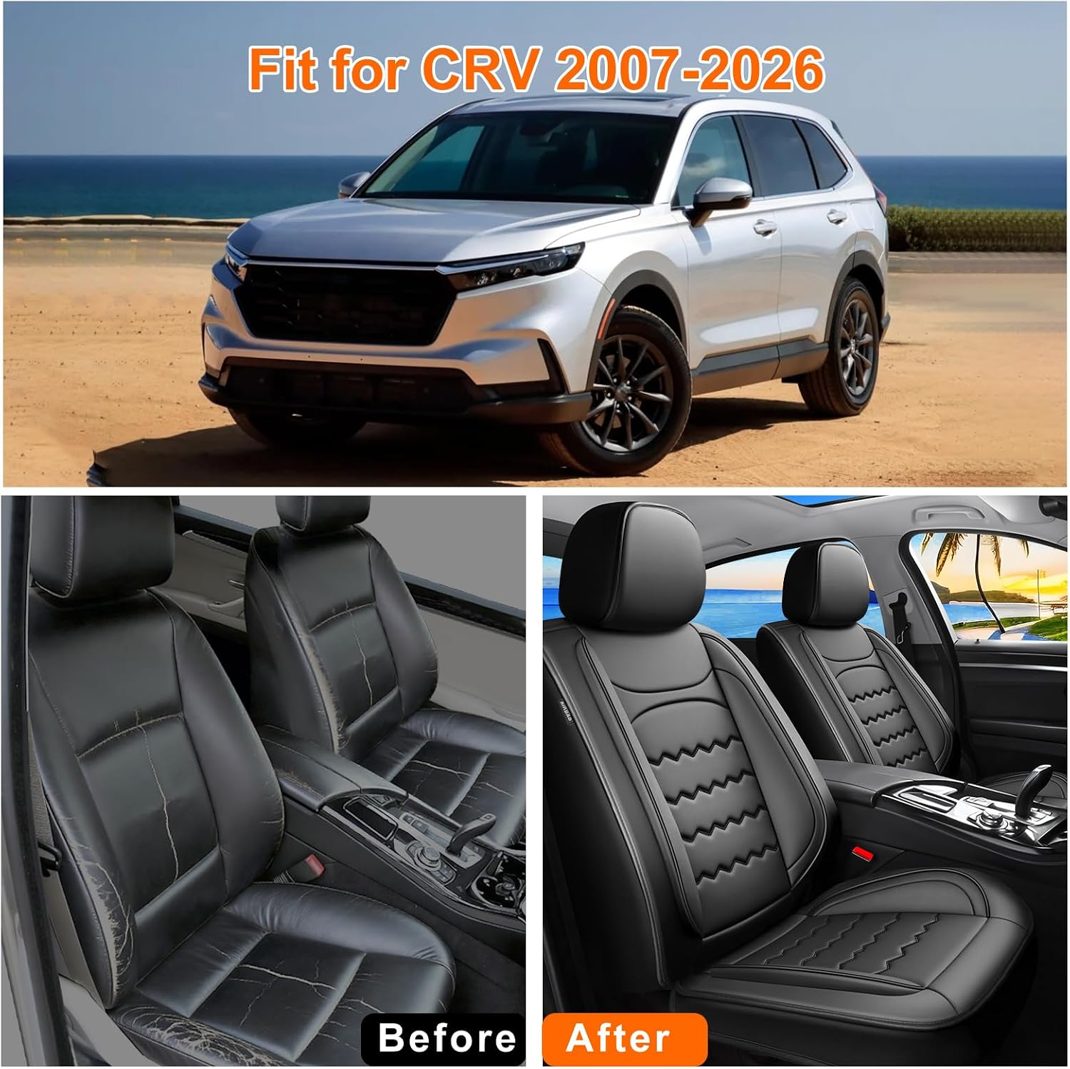 CRV Seat Covers Custom Fit for Honda CR-V 2007-2025 2026 Hybrid, Premium Full Coverage Leather Automotive Seat Protectors, All Seasons Waterproof Breathable, Airbag Compatible (Full Set, Black