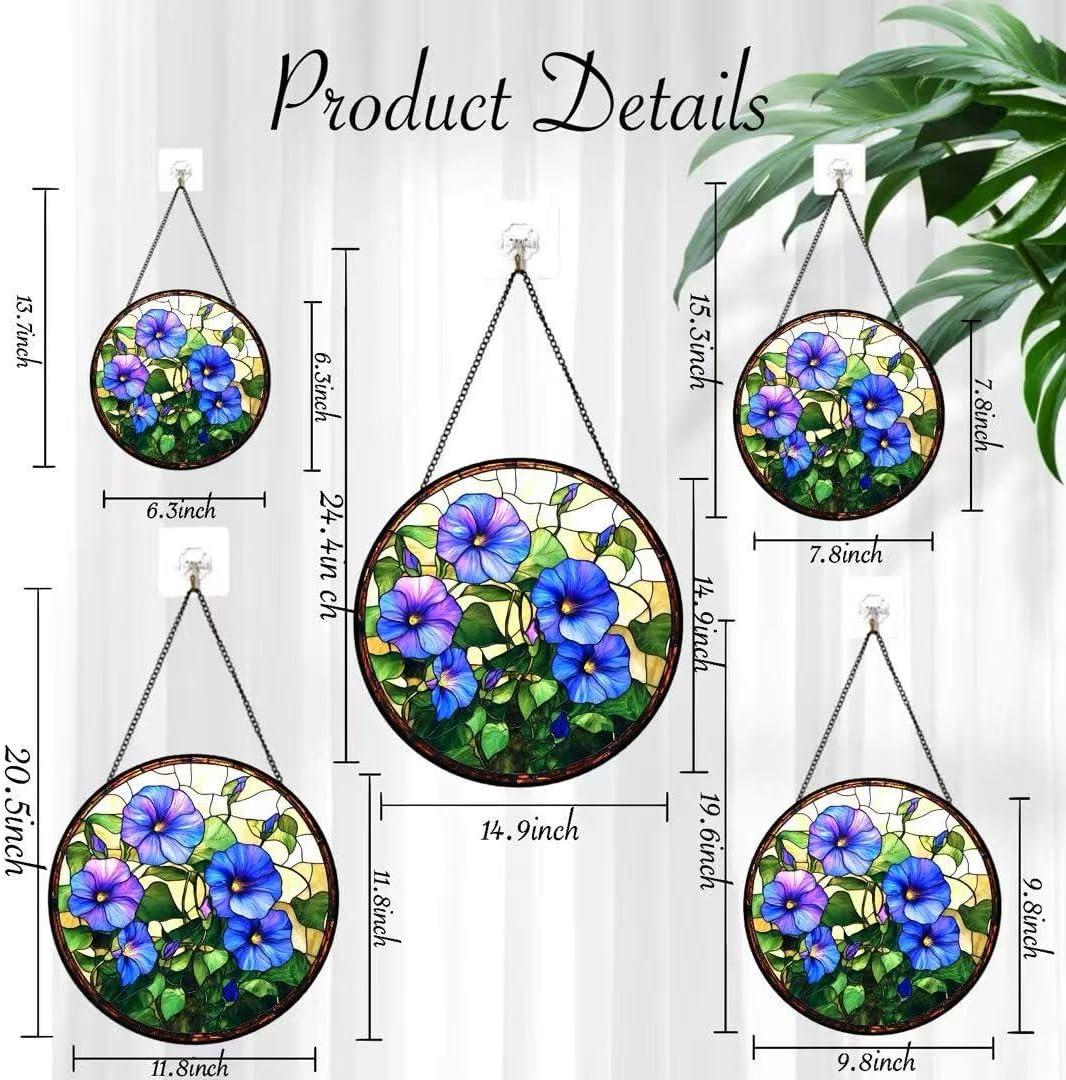 Morning Glory Stained Glass Style Suncatcher Window Hanging, Colorful Flower & Vine Decor with Chain, Sun Catcher for Window, Gift for Flower Lovers, Home & Garden Decoration