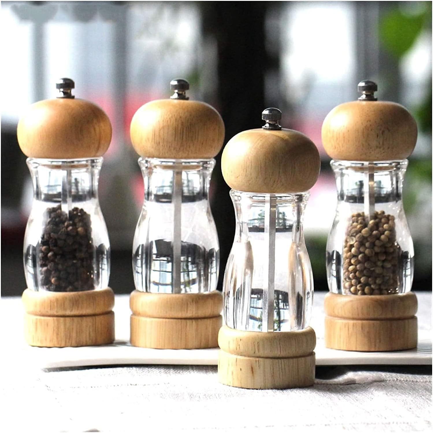 Salt and Pepper Grinder Mills,Manual Adjustable Oak Acrylic Spice Seasoning Grinder,Easy Use Kitchen Grinding Tools,2-Piece Set Grinding