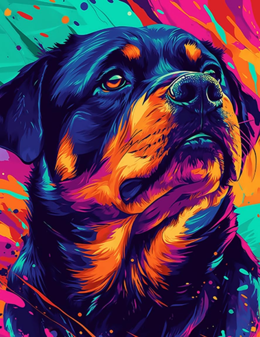 WANGWANGMIAO Paint by Number for Adults,Colorful Rottweiler Painting by Numbers DIY Canvas Crafts Kits for Relax and De-Stress Home Decoration Gift 16x20inch，with Frame