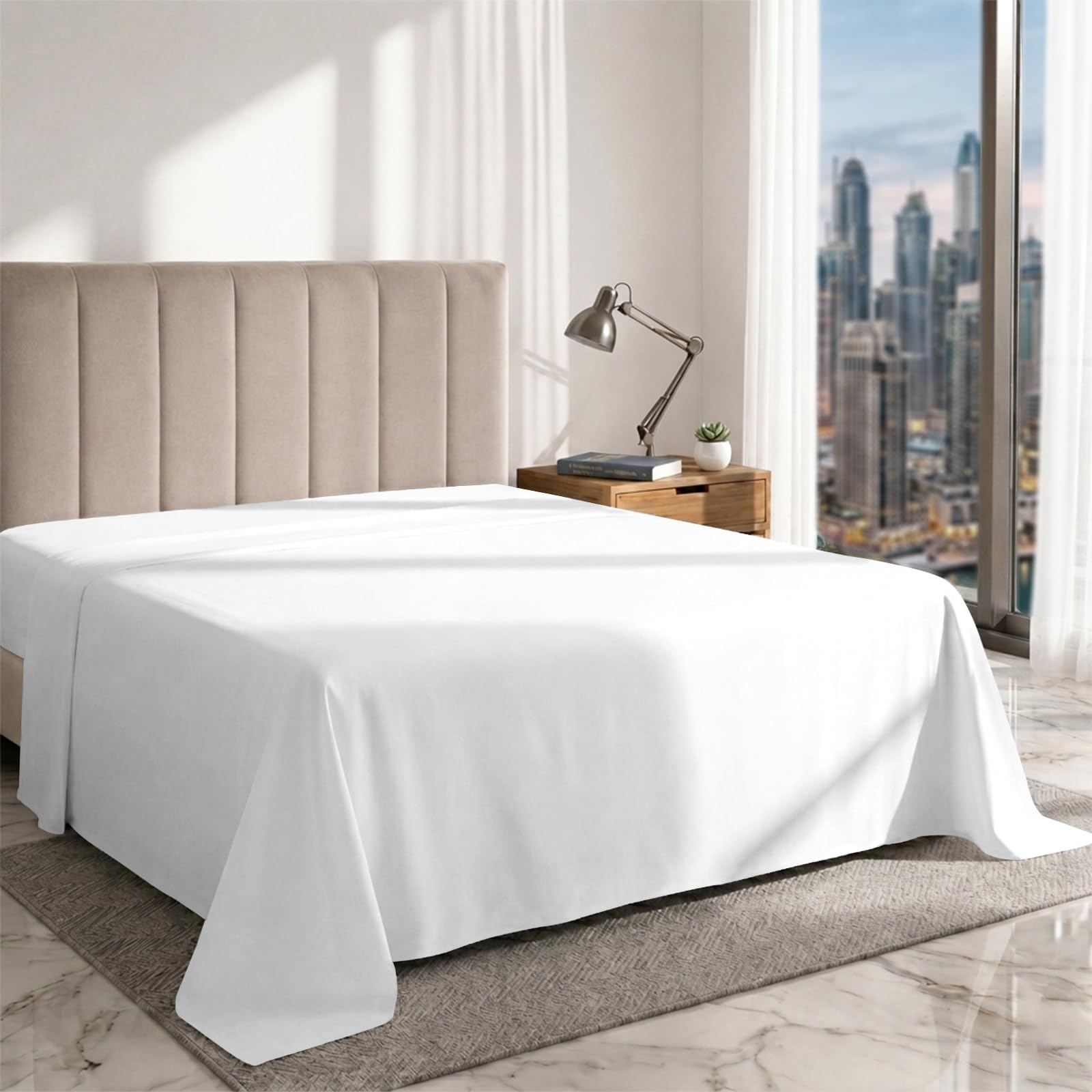Pizuna Pure Combed Cotton Super King Flat Sheet White, 600 Thread Count Long Staple Brushed Cotton Flat Sheets Super King Size, Sateen Flat Sheet Superking(Superking Flat Sheets Cotton 1 PC)