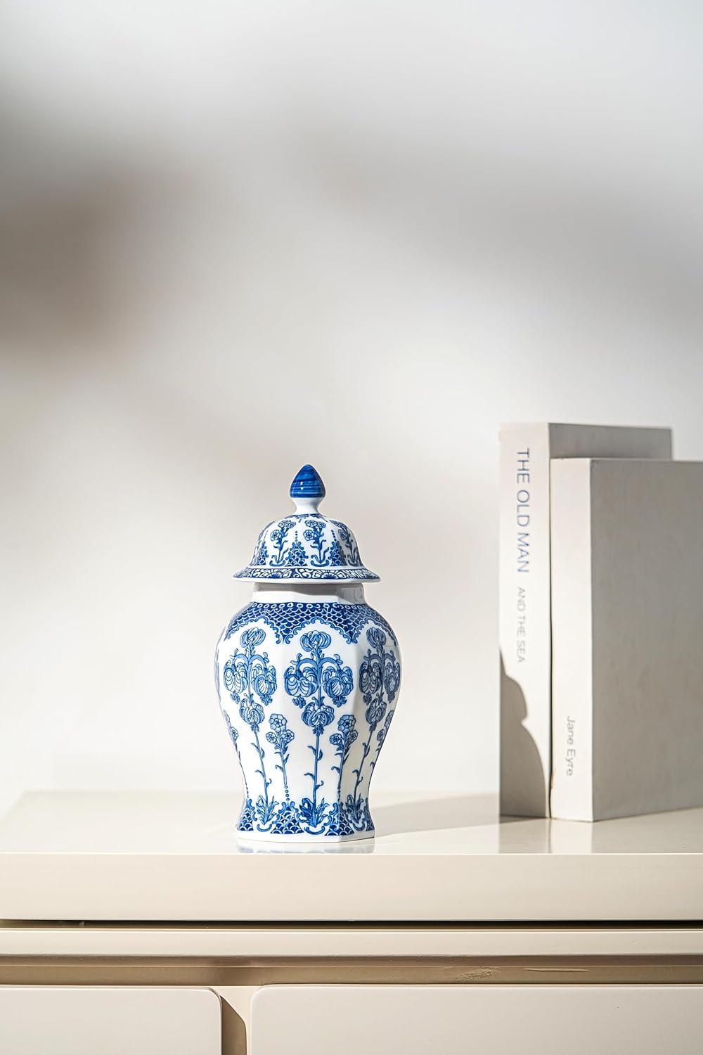 Blue and White Ginger Jar, Ceramic Chinoiserie Decorative Jars, Blue Vase Porcelain, Blue and White Decor for Table, Living Room, Bookshelf, Mantle Fireplace, Centerpieces.15 H