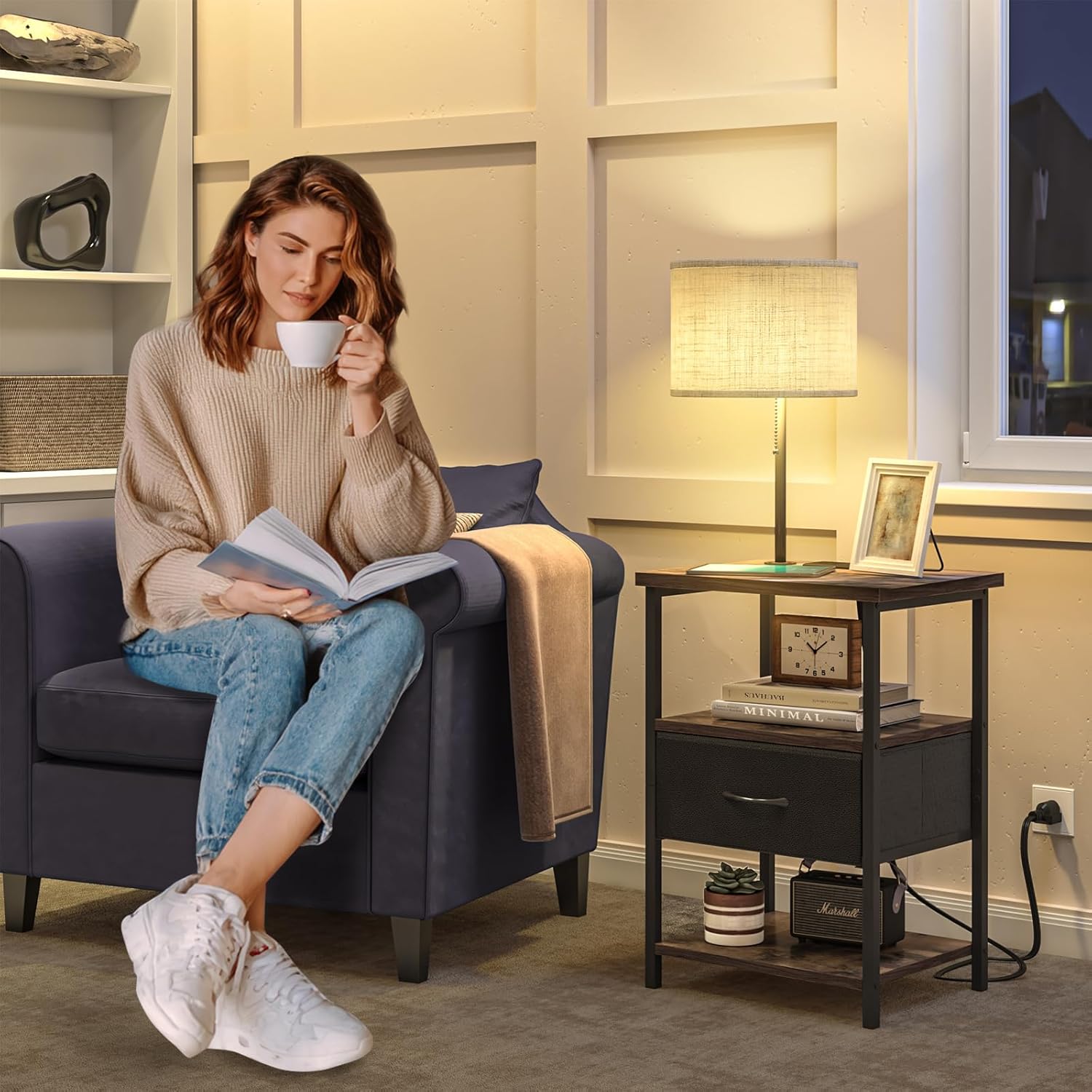 Fixwal Nightstand with LED Lights Bedside Table with 3 Color Temperatures Bulb, Tall NightStand with Charging Station End Table with Adjustable Fabric Drawer for Bedroom Dorm