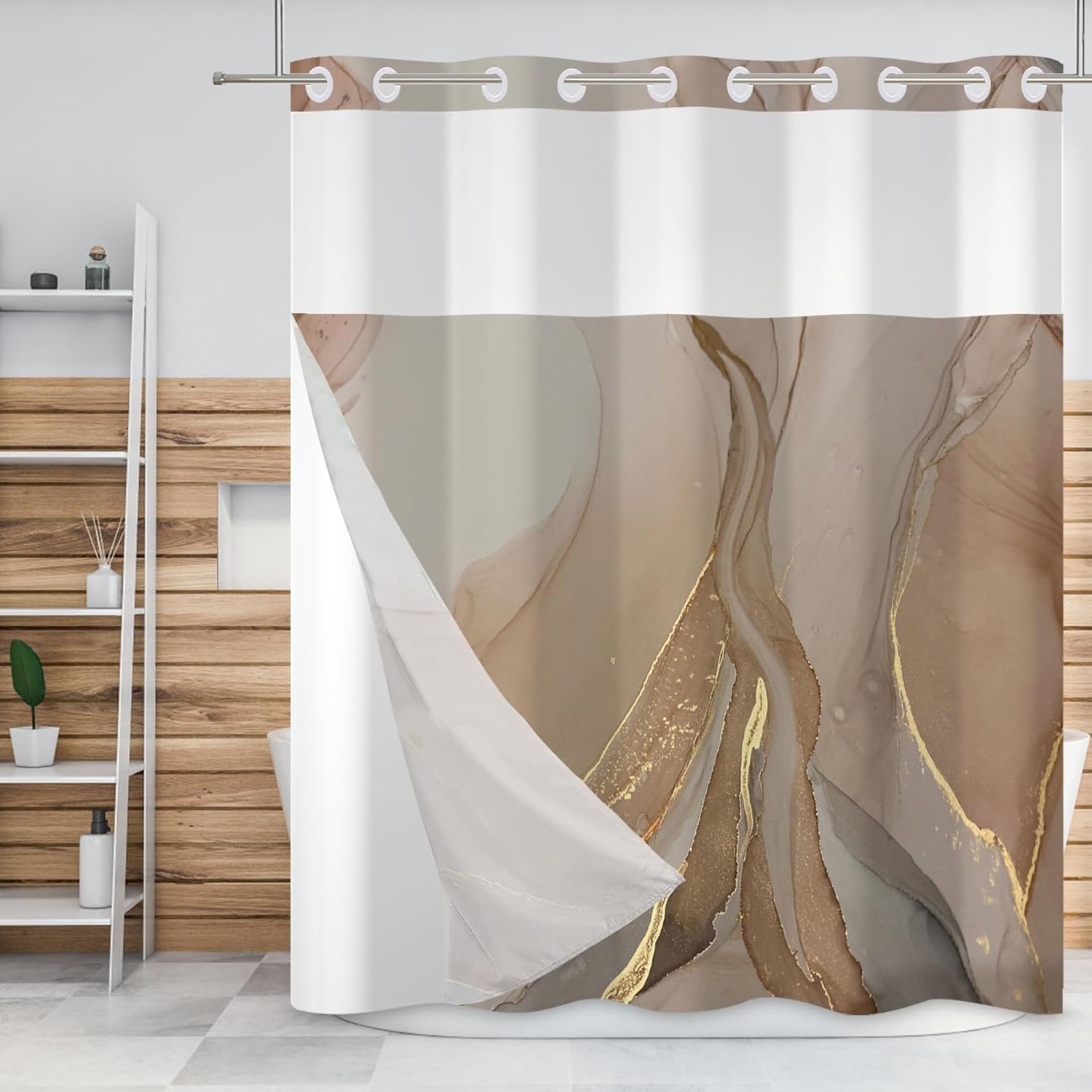 Baocicco No Hook Brown Marble Shower Curtain Golden Cracked Lines Shower Curtain with Snap-in Fabric Liner Set Double Layer Waterproof Fabric with Bathtubs Hotel Curtain Set Bathroom Decors 71x74 Inch 71W x 74H Brown