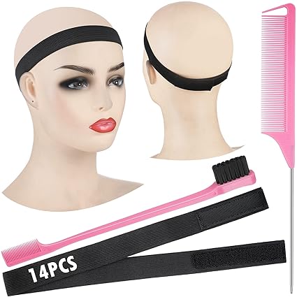 14 Pieces Black Elastic Bands Wig Accessories with Magic Tapes End Frontal Adjustable Elastic Band and 2 Pieces Hair Edge Brush Toothbrush Comb for Women Hair Closure Frontal Wigs (0.98 Inch)
