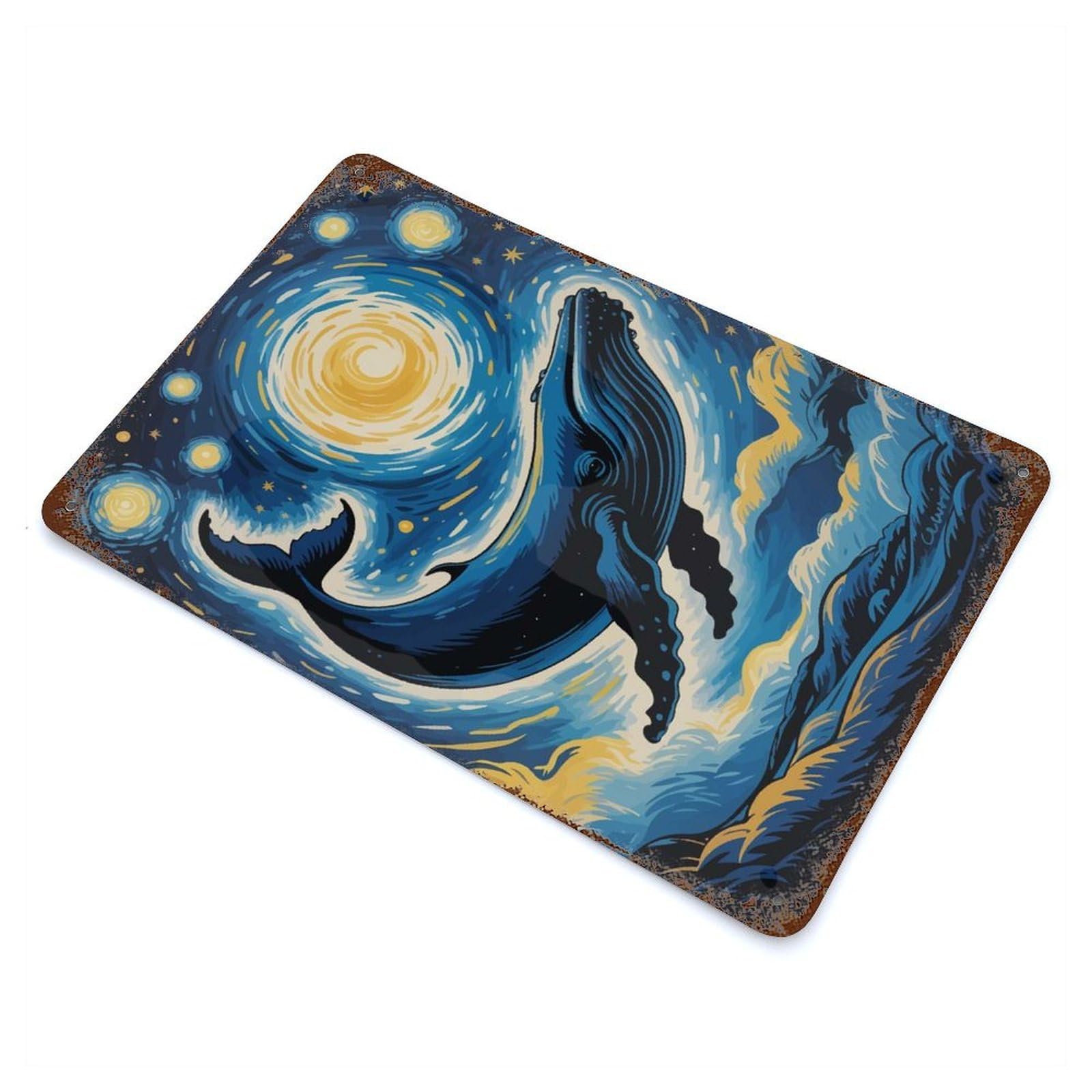 Whale in Starry Night Sky Rusty Metal Tin Sign 11.8"x7.9", for Basement, Hobby Room And Garage Decor, Retro Wall Decor