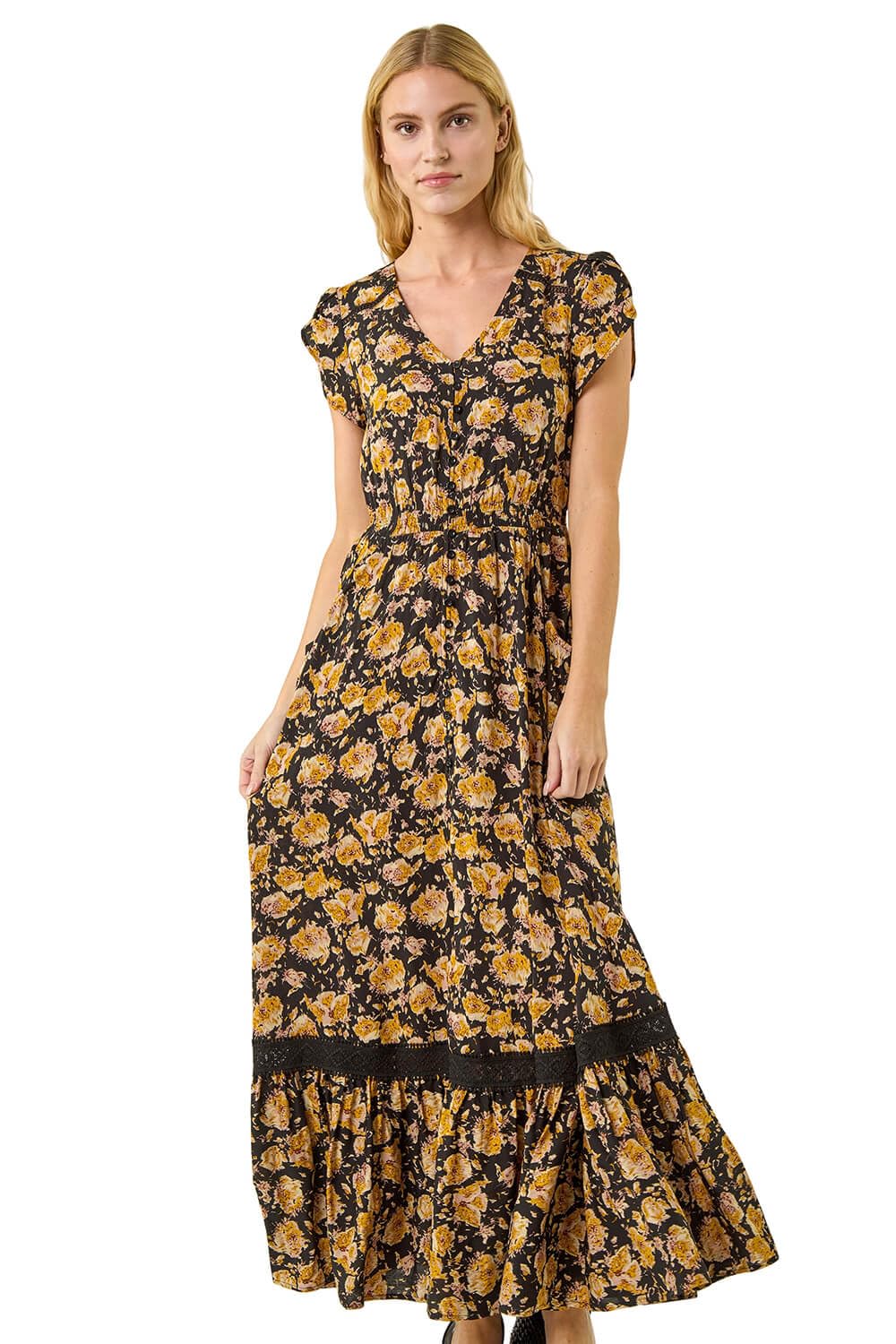 Roman Originals - Women's - Floral Buttoned Maxi Dress - Yellow - Size 18