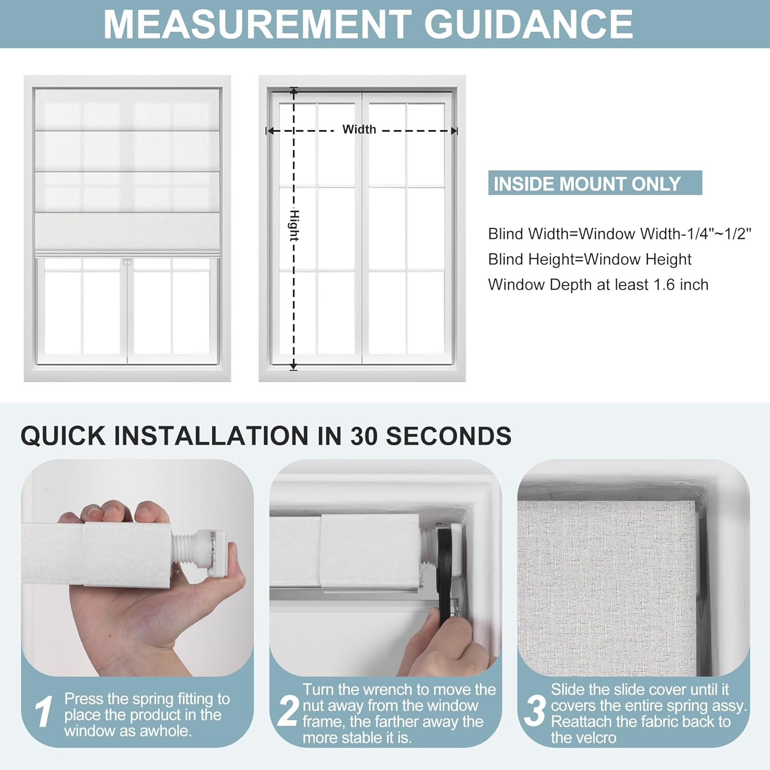 No Drill No Tools Blackout Roman Shades Easy to Install for Indoor Windows Cordless Roman Blinds Thermal Insulated Noise Reduction,Room Darkening,70% Blackout-White,29" W x 64" H