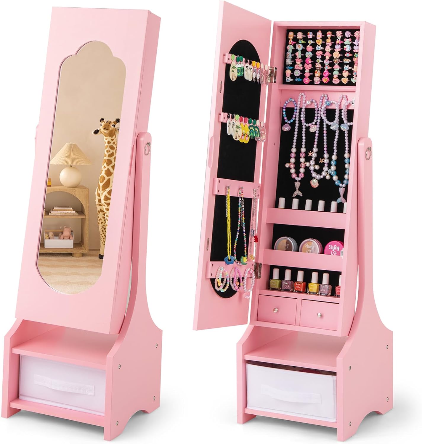 CHARMAID Kids Jewelry Armoire Cabinet - Standing jewelry Organizer for Girls, Full Length Mirror, Storage Drawers and Shelves, Kids Vanity Dressing Mirror with Storage (Pink)