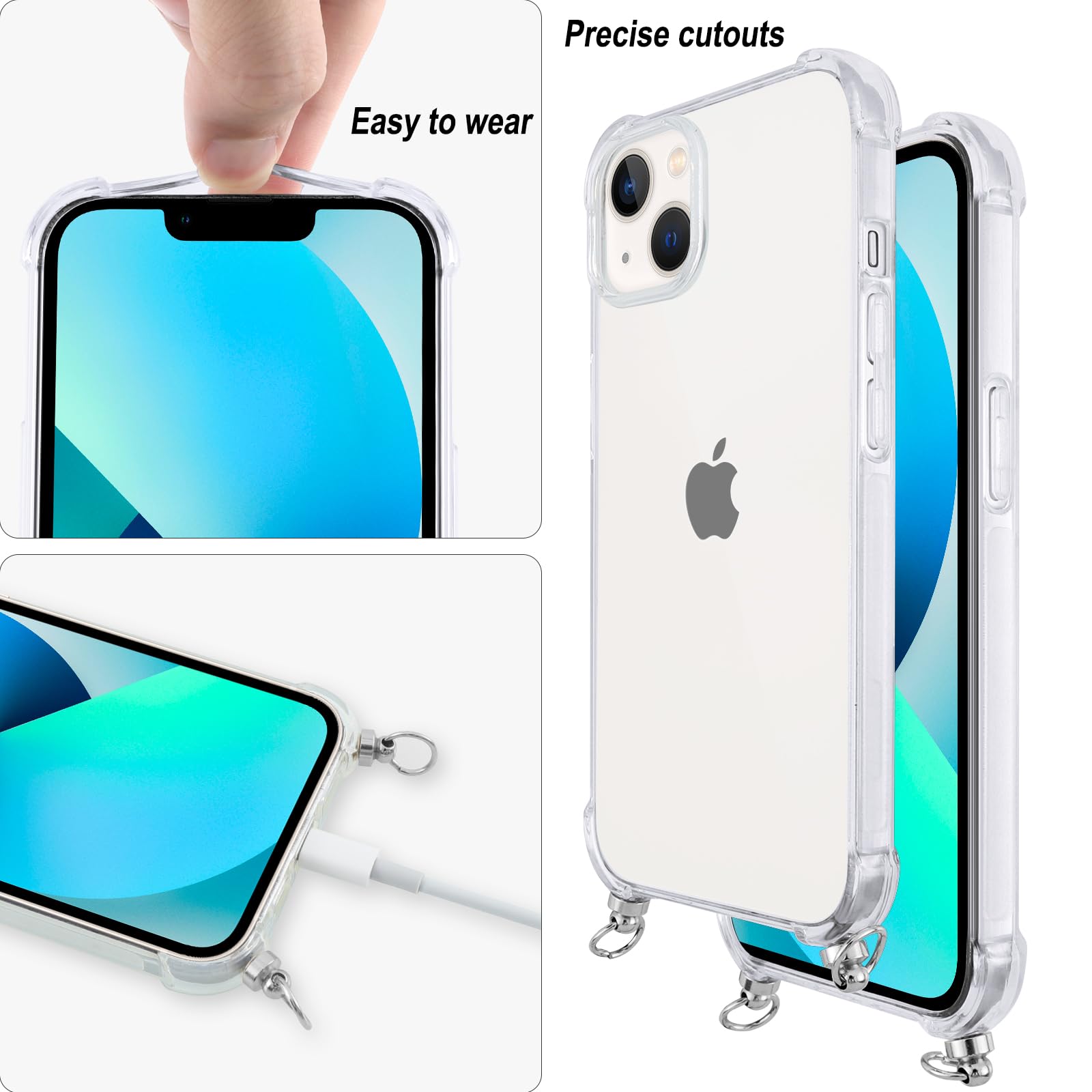 Pnakqil Cover Per IPhone 14/13 Con Cordino E Catena – Trasparente, Morbida, Antiurto (Oro E Bianco)
