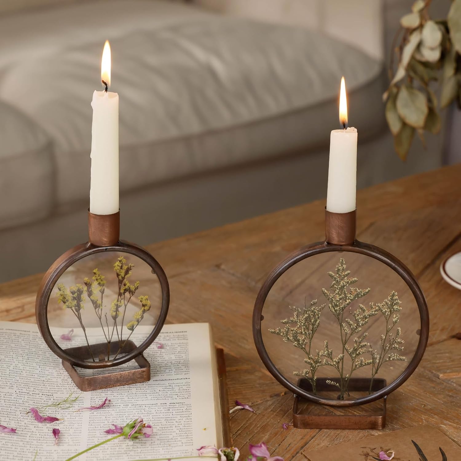 NIKKY HOME Nature Dried Flower Taper Candle Holders Set of 2, Vintage Decorative Metal Candlesticks Round Frame with Glass Centerpieces Decor for Dining Room Table Wedding Party Mantle Fireplace