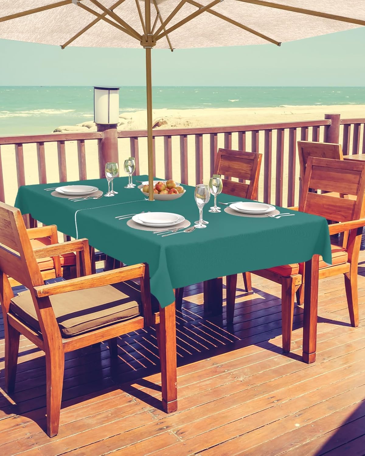 Rectangle Outdoor Table Cloth 60x84 Inch Solid Color Dark Cyan Tablecloth with Umbrella Hole, Zipper Table Cover Waterproof Stain Resistant Tablecloths for Patio Party Picnic