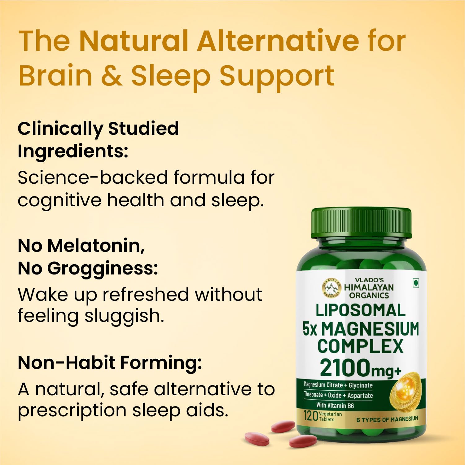 Vlado's Himalayan Organics 5X Strength Liposomal Magnesium Supplement - 2100mg+ with Chelated Magnesium Glycinate, Citrate, Oxide, Threonate, Aspartate & Triple magnesium Complex | For Sleep, Cramps, Recovery, Nerve & Muscle Function, Clinically Proven, 100% RDA - 120 Tablets — Amazon image 9