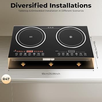 Double Induction Cooktop, 2400W Portable Induction Cooker with 2 Burner, Independent Temp-Control 8 Levels Power & 3 Hour Timer Electric Countertop Stove for Pots With a Diameter of 4.72-9.65in