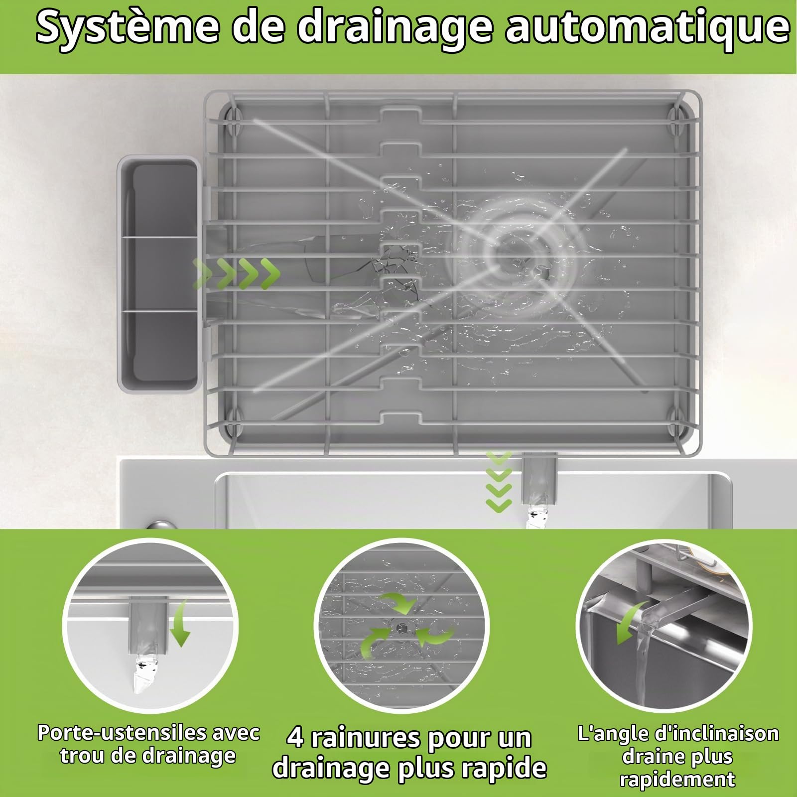 Egoutoire Vaisselle Cuisine,Égouttoir à Vaisselle en Acier Inoxydable avec Porte-Ustensiles,Egouttoir avec Plateau d'égouttage,Drainage Automatique,Rangement et Organisation de Cuisine