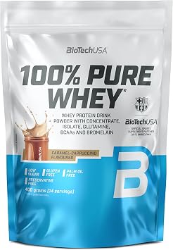 BioTechUSA 100% Pure Whey Molkenprotein aus Konzentrat & Isolat Mit BCAA & L-Glutamin Bromelain-Enzyme Geringer zuckergehalt Glutenfrei Palm lfrei 400 g Karamell-Cappuccino