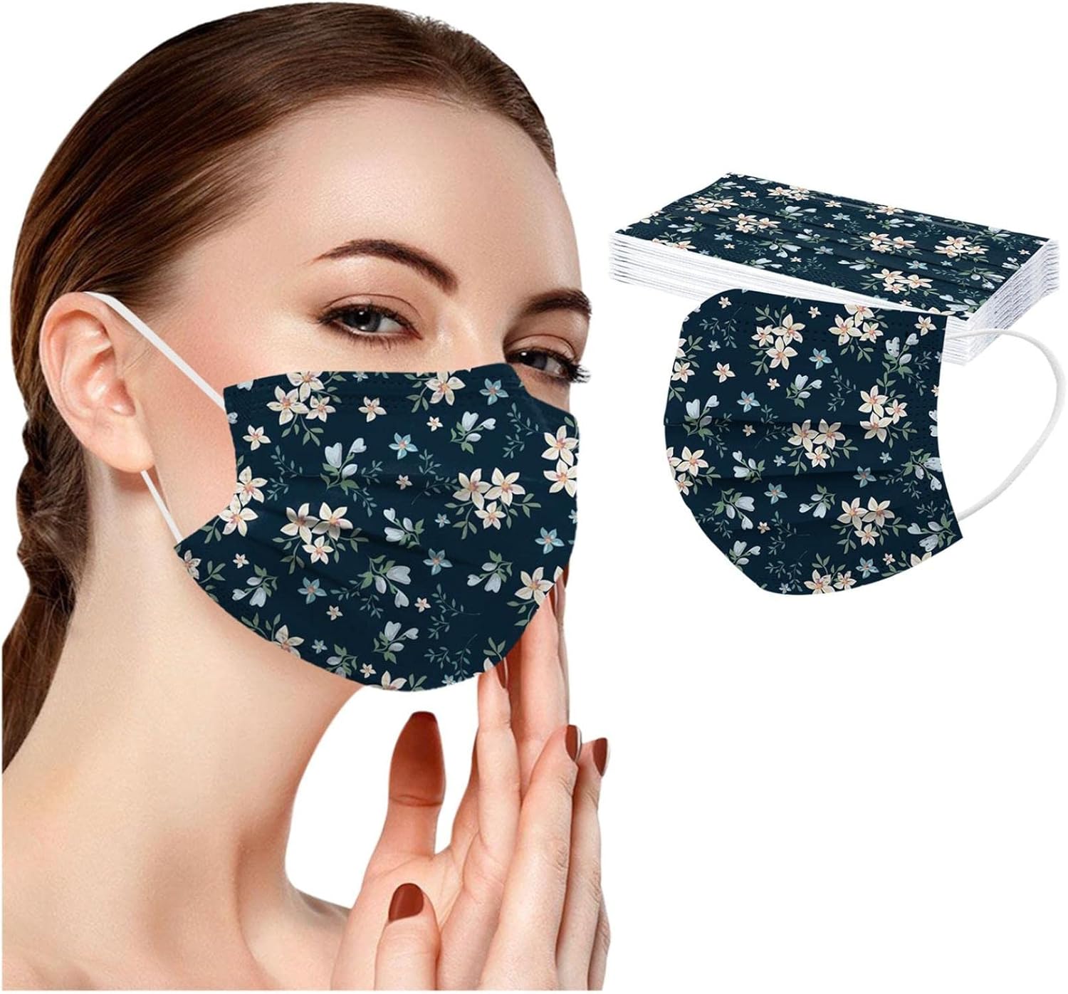 BOFFO 50 Pack Spring flowers Face_Masks with 3 Layer Face Filter with Elastic Earloop, Breathable with Floral Print for Adult (Multicoloredh)