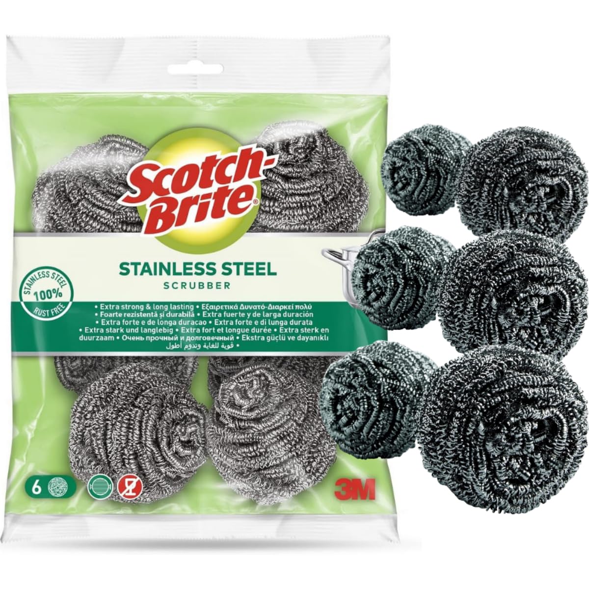 Scotch-BriteStainless Steel Metal Spiral Scrub Sponge, 6 pieces/pack | Ideal for Cast Iron Pans | Powerful Scrubbing | Hard cleaning | Kitchen sponge | Scrub | Kitchen, Garage, Outdoor