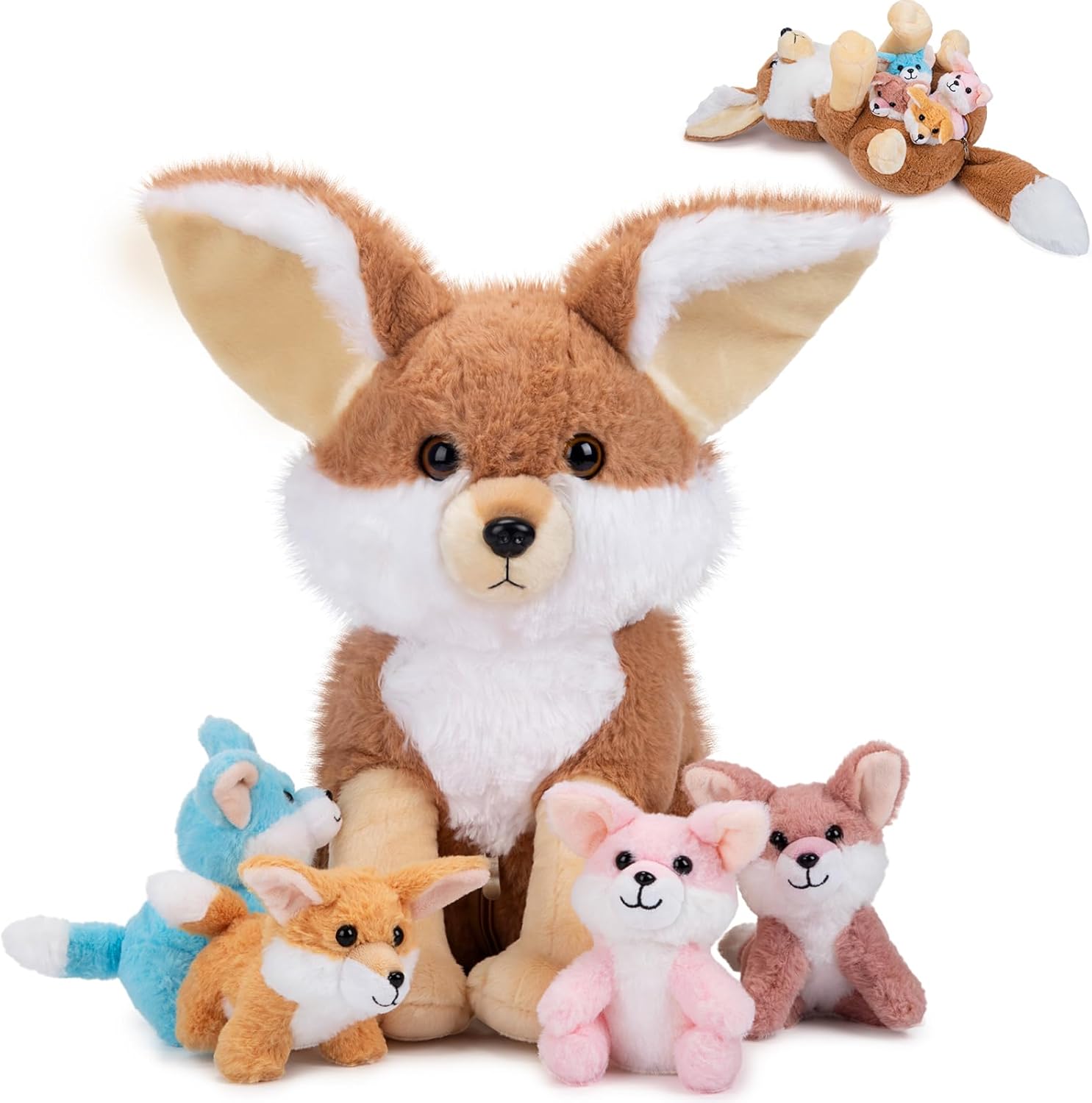 HyDren 5 Pcs Fennec Fox Plush Toy Set 14 Inch Mommy Fennec Fox Stuffed Animal with 4 Cute Plush Babies in Zippered Tummy Soft Cuddly Plushies for Christmas Birthday Gifts Woodland Party Favors