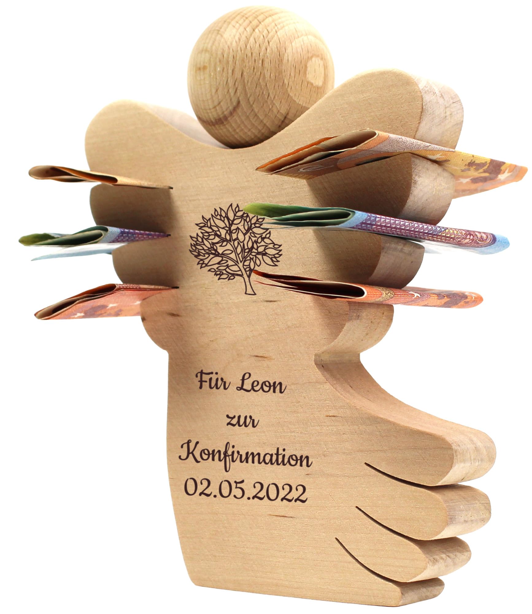Geschenkissimo Geldengel mit Gravur - Holz Engel mit Name, Spruch, Motiv - als Geldgeschenk für Taufe, Kommunion, Konfirmation, Hochzeit - Holzengel für Geldscheine, Höhe ca. 15,5 cm