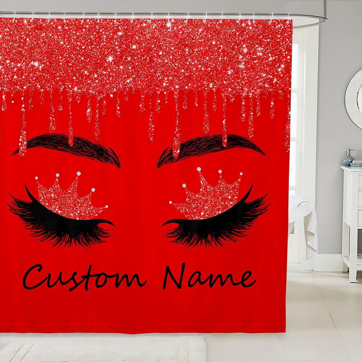Eyelash Shower Curtain for Girls Women Kids Customize Name Bath Curtain, Luxury Bling Red Glitter Sparkle Eyelashes Makeup Girly Bathroom Decor Cute Princess Style Bathroom Decor Gifts,72" W x 84" L
