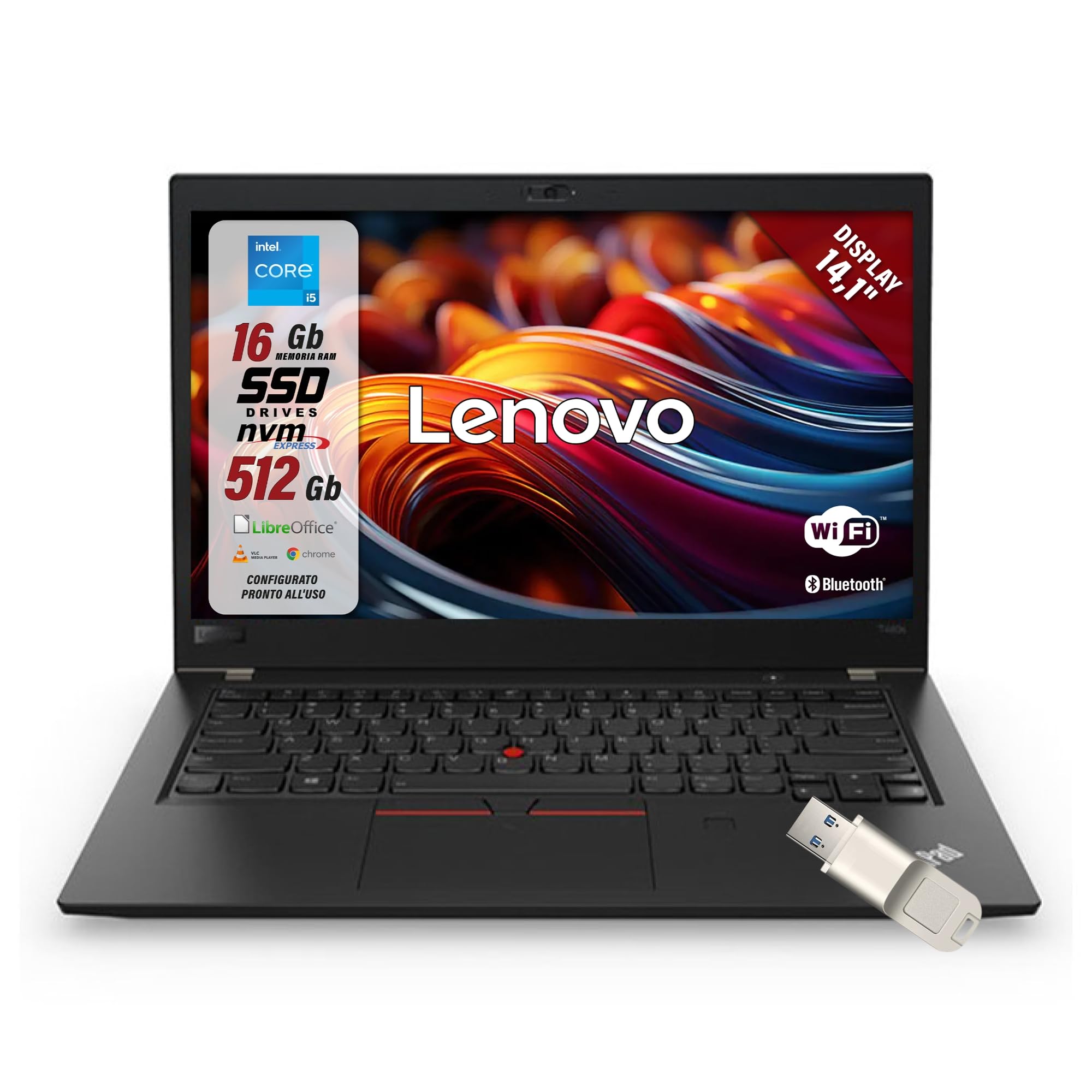 Lenovo ThinkPad, Pc Portatile Intel i5-8265u 4 Core 1.6Ghz, Ram 16Gb SSD 512Gb, Display 14.1" HD, Win 11, Notebook Pronto all'uso con Libre Office, Omaggio Chiavetta USB FingerPrint (Ricondizionato)
