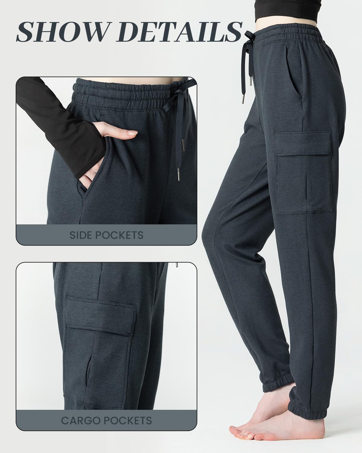 Women's Fleece Cargo Joggers - Multi-Pockets, Elastic Drawstring Waist, Warm Winter Daily Wear - Image 3