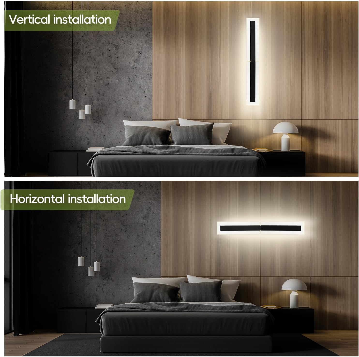 30W 2 Pack Outdoor Wall Sconce with Switch, Dimmable Modern Wall Light Fixture Indoor Long Strip, Ip65 Waterproof Black Led Wall Light 3000K/4500K/6500K for Living Room Porch Corridor 33.46 in