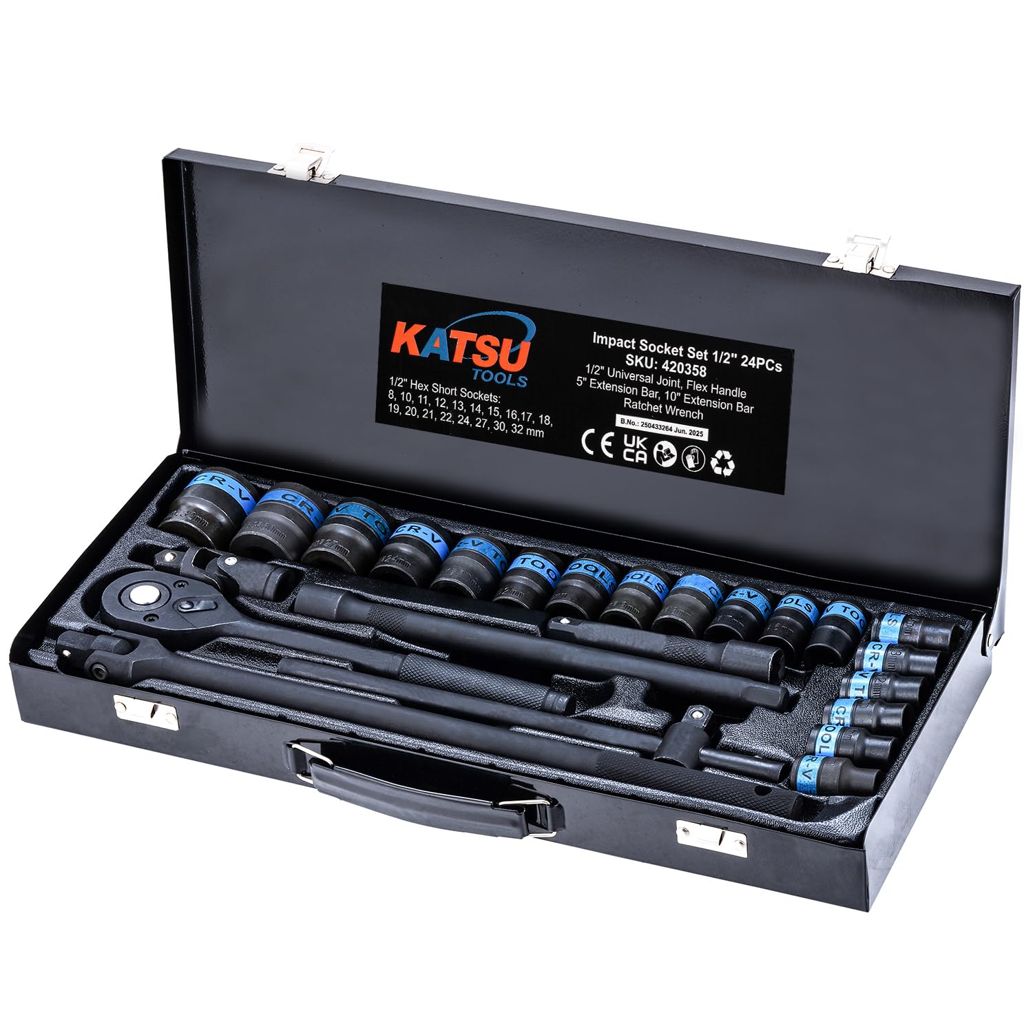 KATSU Tools Juego de 24 llaves de vaso de 1/2 pulgada CR-V, 6 puntos, métricas de 8-32 mm, llave de trinquete de liberación rápida de 72 dientes, funda de transporte de acero, herramienta mecánica