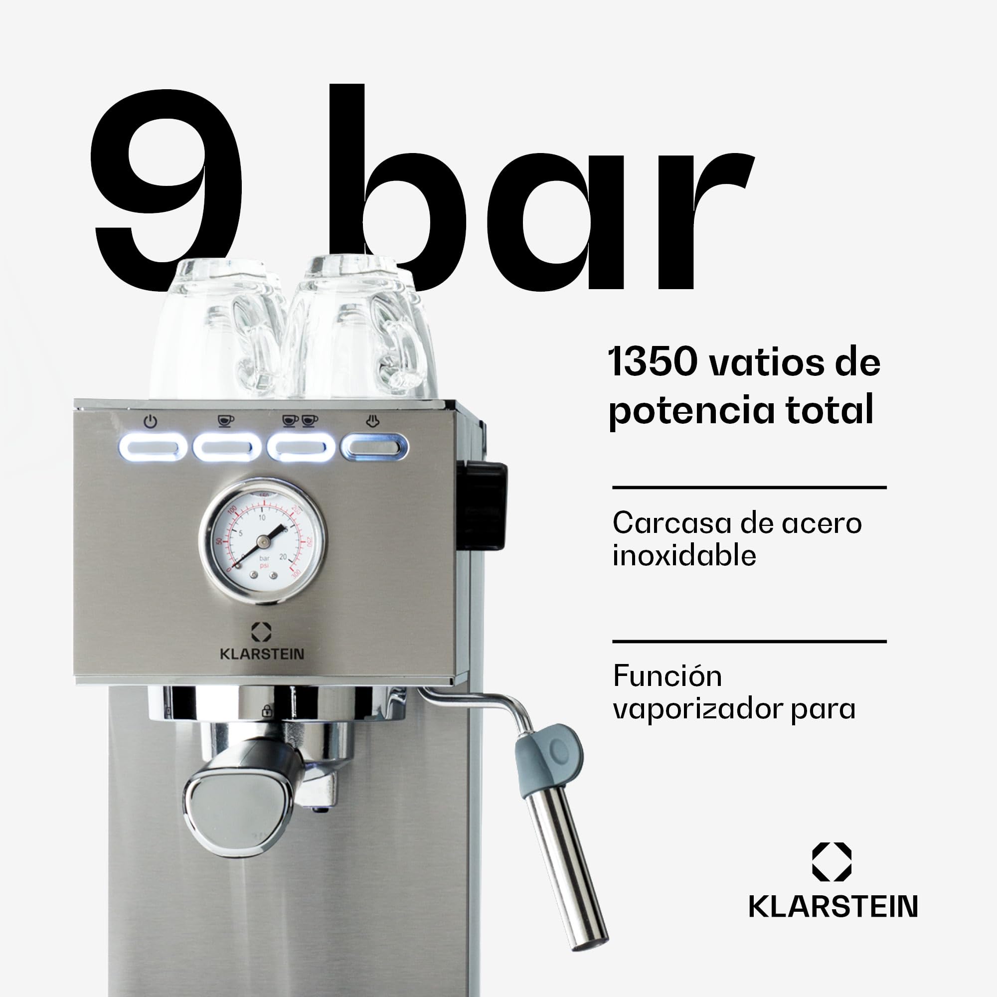 KLARSTEIN Pausa cafetera espresso, 1350 W, máquina de café, 20 bares de presión, depósito de agua: 1,4 litros, acero inoxidable, plateado