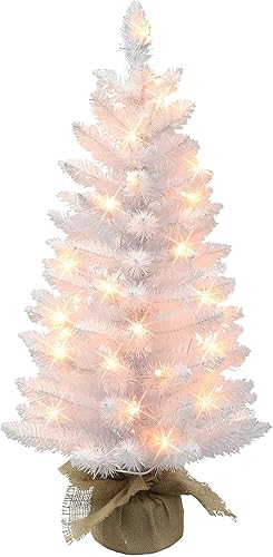 Vista 26 de Árbol azul de moda preiluminado de 3 pies, 97 puntas, 50 luces incandescentes transparentes UL, base de arpillera