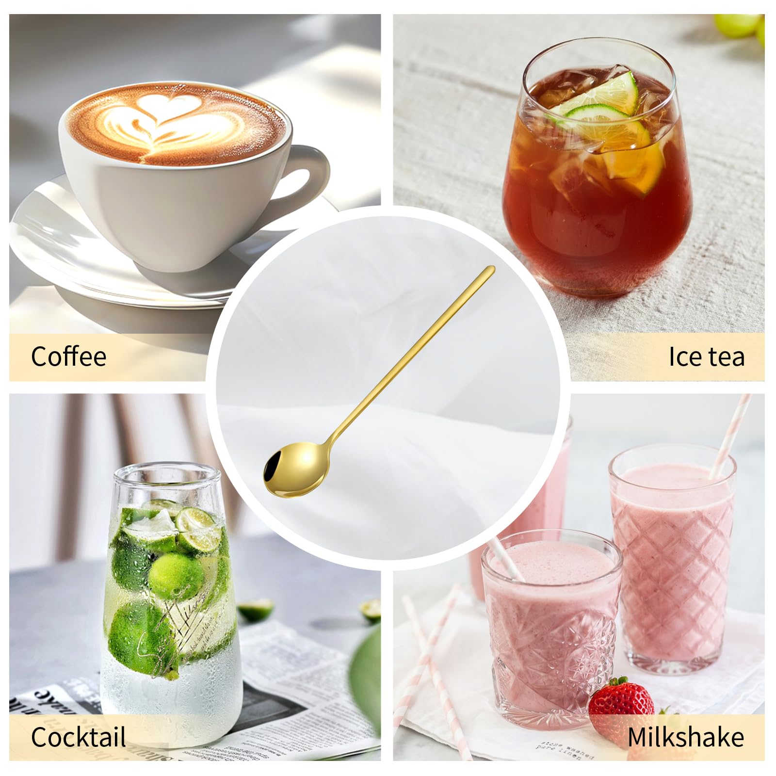 4 cucharas de café doradas de 6.7 pulgadas para cafetería, estación de café, cuchara agitadora de mango largo dorado para café, té helado, cucharas de espresso de acero inoxidable 304