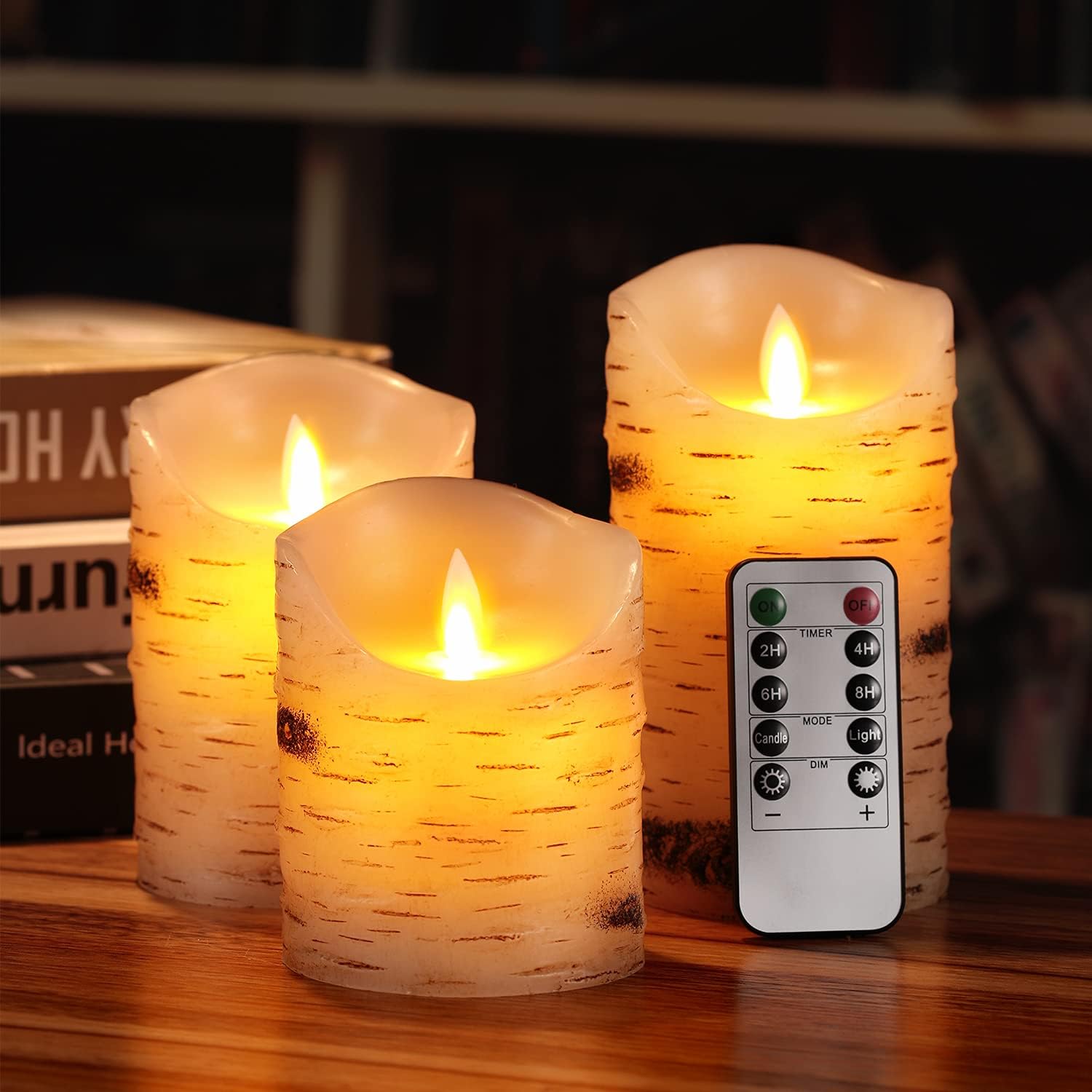 Flameless Candles LED Candles Set of 3 (D 3.25" x H 4" 5" 6") Ivory Real Wax Pillar Birch Bark Effect Battery Operated Candles with Dancing LED Flame 10-Key Remote Control and Cycling 24 Hours Timer : Tools & Home Improvement