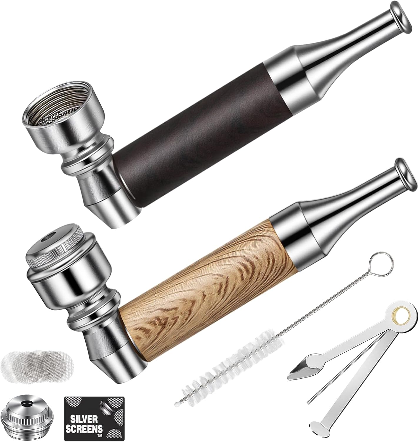 Scotte Classic 2-Pack Portable Tobacco Pipes with Screens, Brush & 3-in-1 Scraper - Mini Pipe Kit for Beginners & Enthusiasts