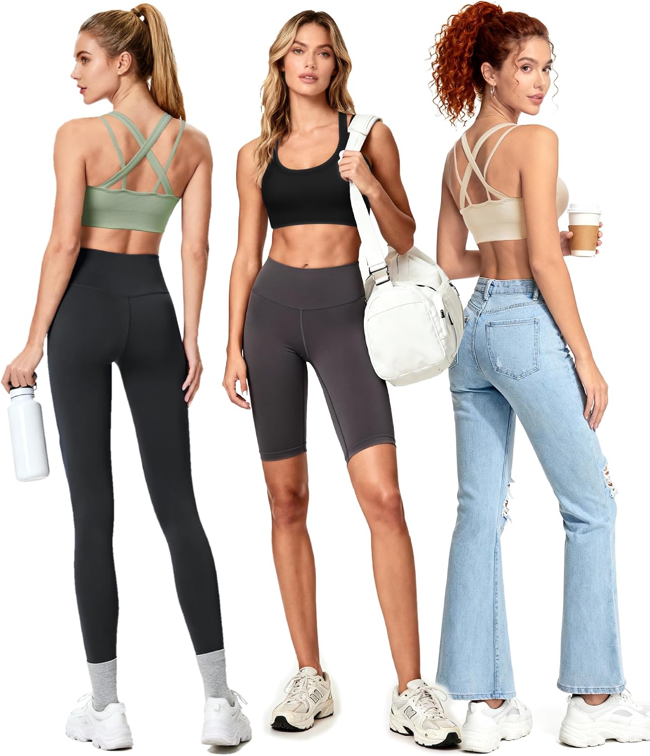 WANAYOU Sports Bras for Women High Support Ribbed Strappy Running Sports Bra Criss Cross Back Workout Bra Padded 3 Pack