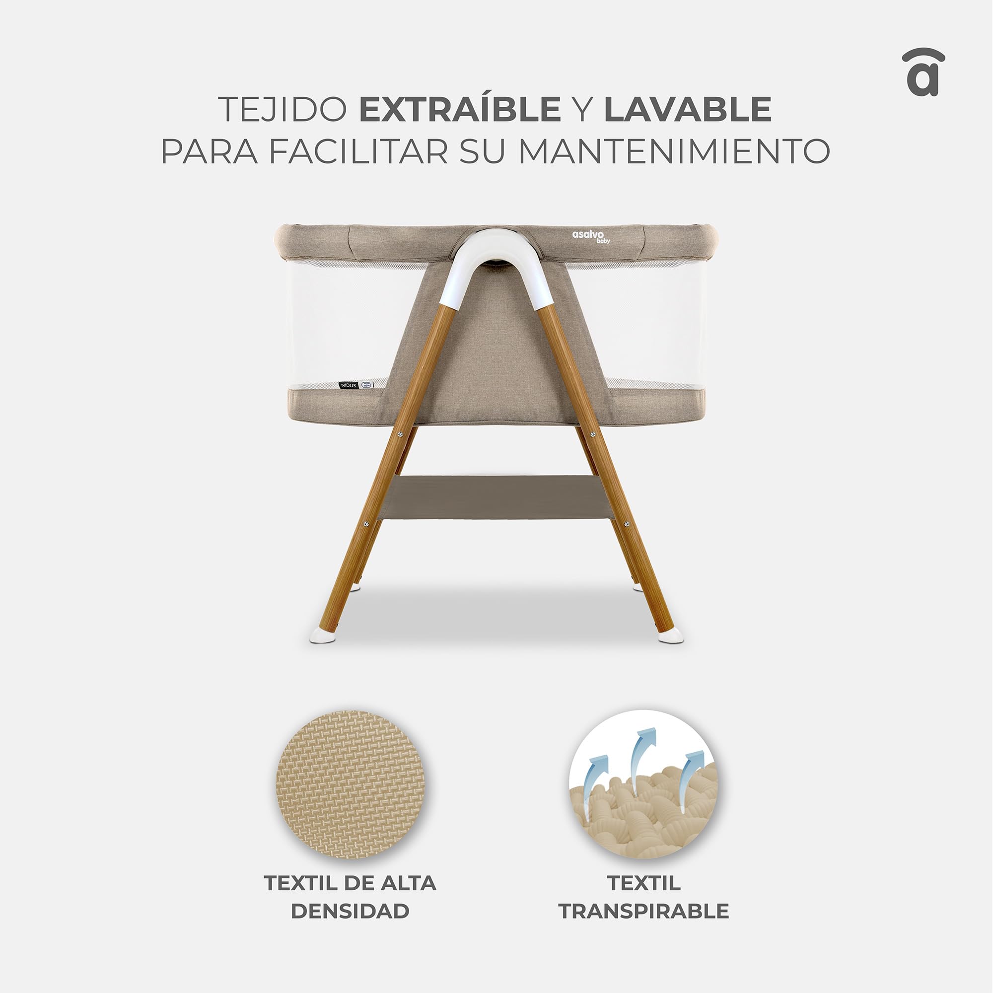 Asalvo Nidus Mini-Berceau Cododo Bébé, Réglable en Hauteur, Structure Pliable, Matelas Inclus, Tissu Respirant, Berceau Cododo Sécurisé, Beige
