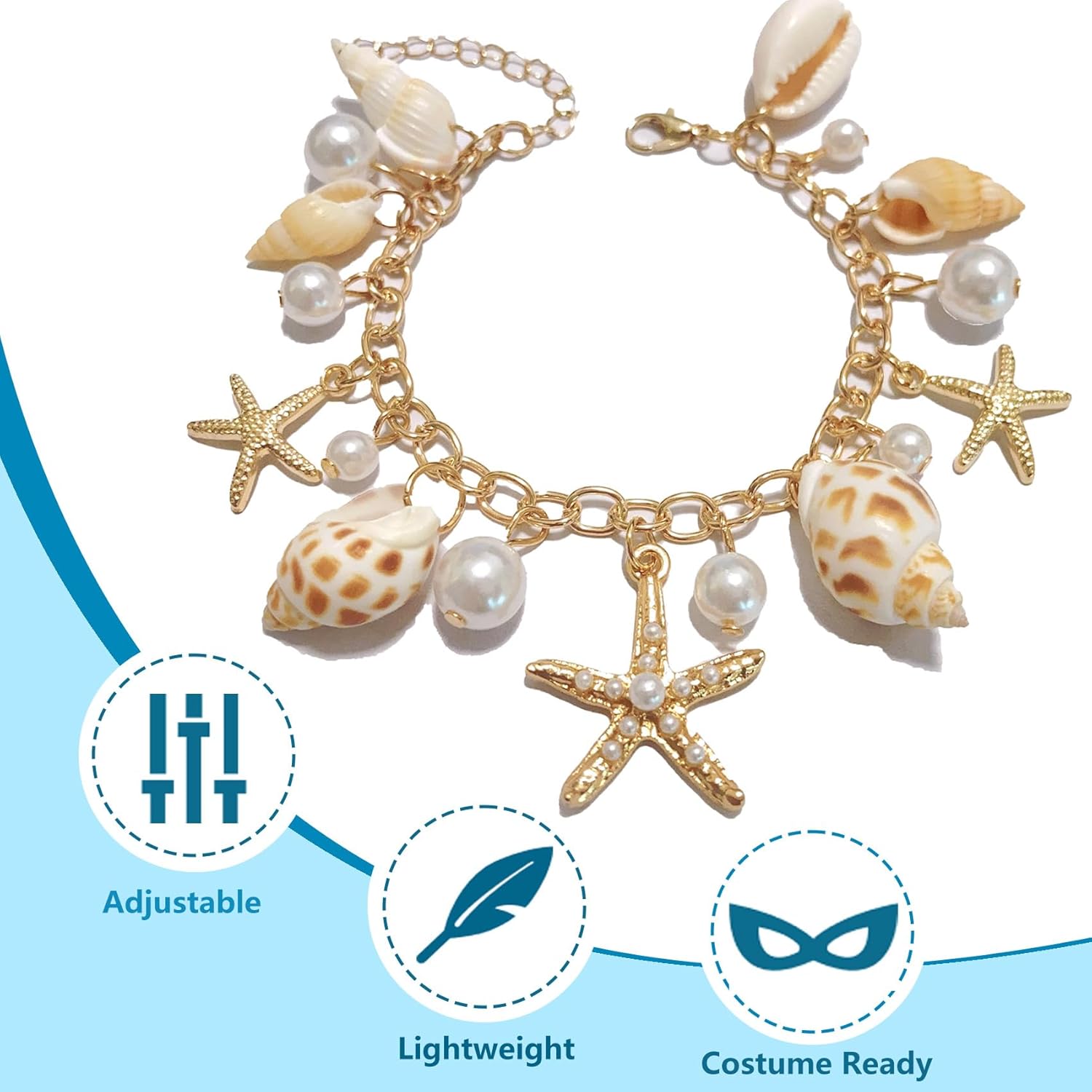 Mermaid Costume Accessories, Women Mermaid Starfish Bracelet – Halloween Costume Accessories for Girls & Women, Ocean Seashell Charm Jewelry for Mermaid Dress Up - Image 7