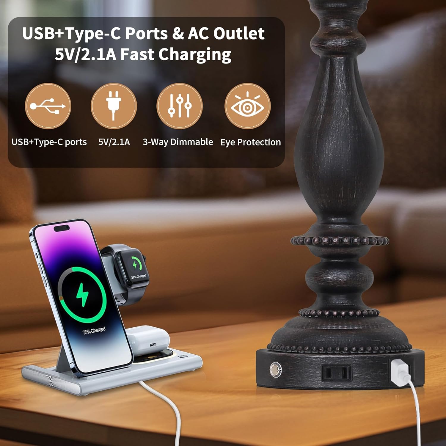 CINSARY 28" Tall Farmhouse Table Lamps for Living Room Set of 2,Vintage Rustic Black Bedside Touch Lamp with USB C+A Ports & AC Outlet, 3-Way Dimmable Resin Nightstand Lamp for Bedroom Entryway Office