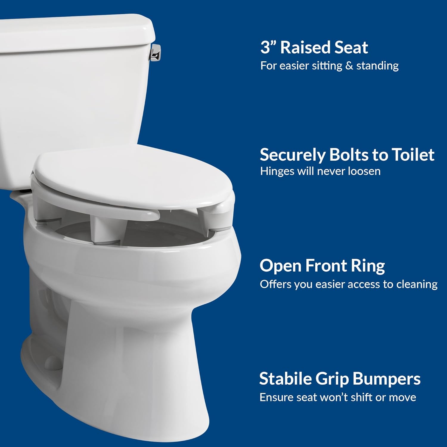 Bemis Steadfast 3" Raised Toilet Seat with Open-Front, Hinges that Never Loosen, Elongated