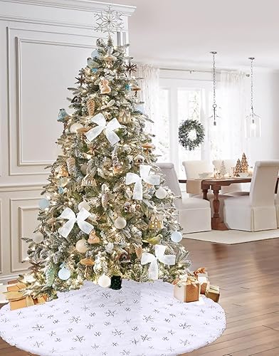 Miniatura 4 de Falda blanca para árbol de Navidad, falda de árbol de Navidad de 48 pulgadas, falda de árbol de Navidad con copos de nieve blancos y plateados