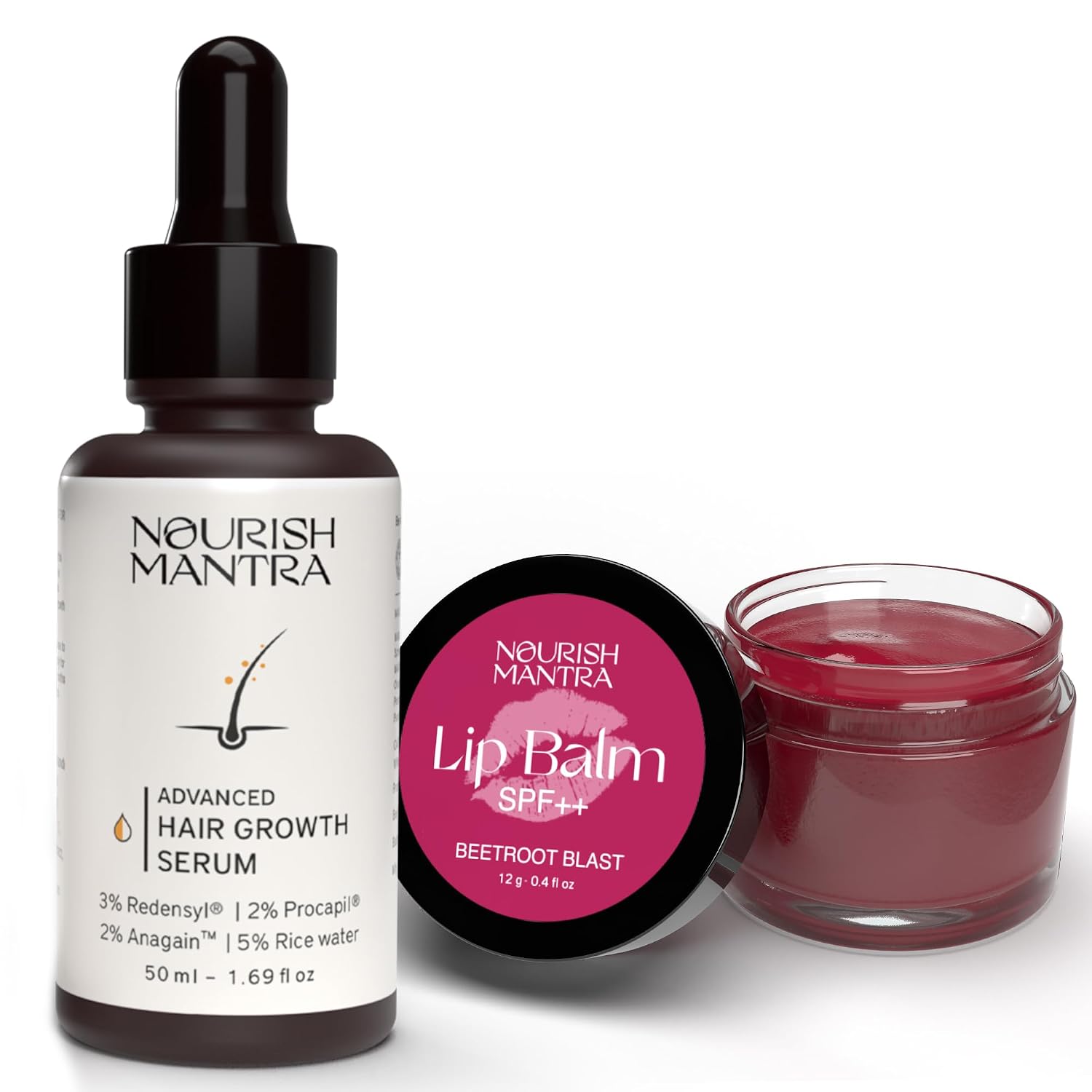Nourish Mantra Beetroot Blast Lip Balm with SPF 12g and Advanced Hair Growth Serum 50 ml Combo