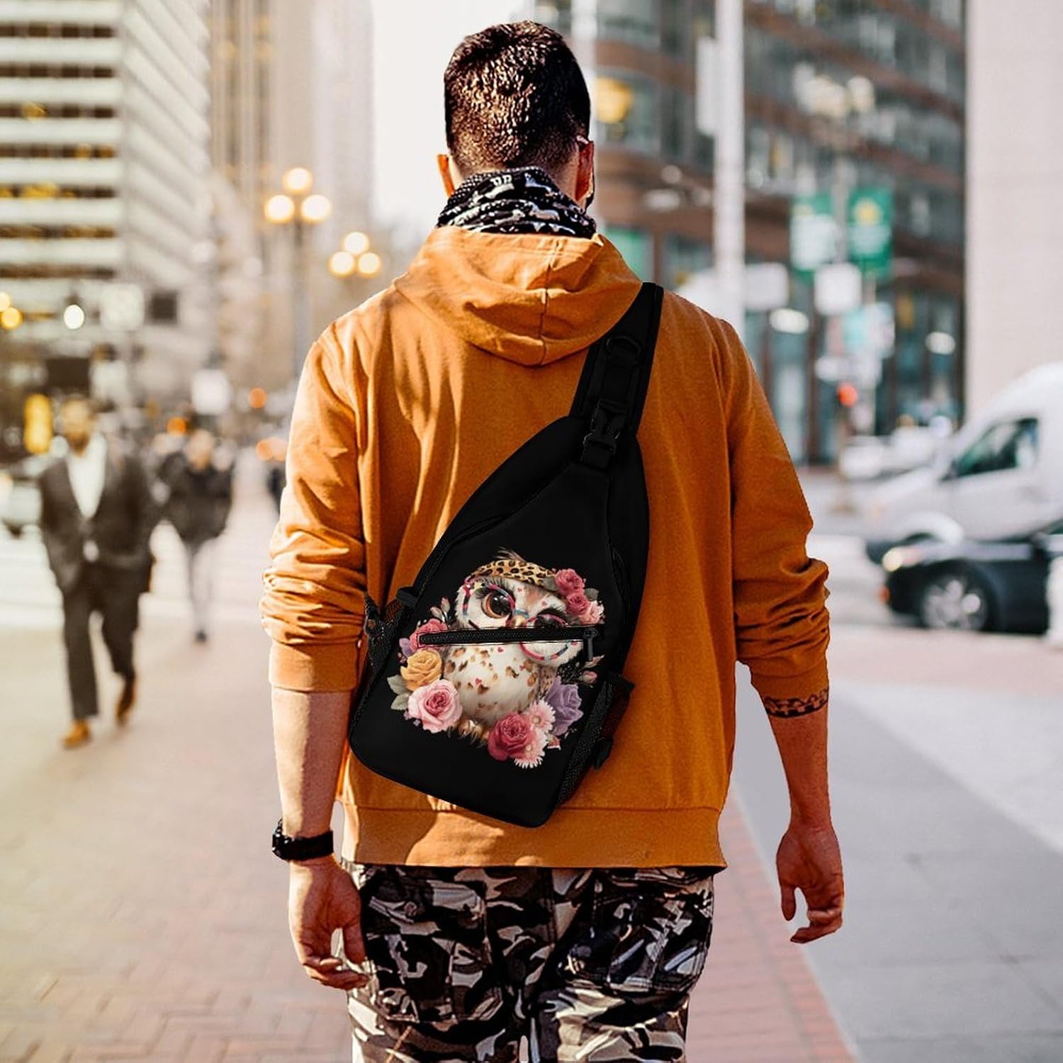 Owl Floral Men Crossbody Sling Backpack Chest Bag | Travel Fanny Pack,Hiking Daypack,Print Shoulder Bags